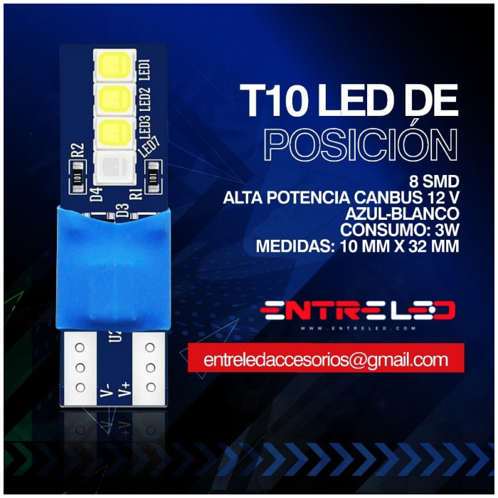 Led T10 8 smd Azul-Blanco